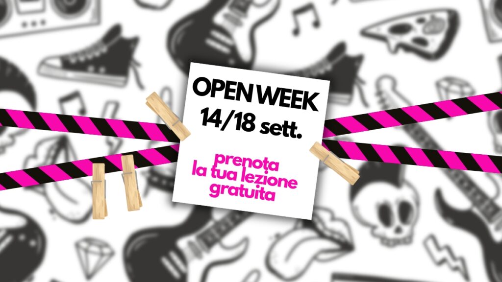 Cartello Open Week Musikalmente 14-18 settembre con lezioni gratuite di musica e canto a Firenze.