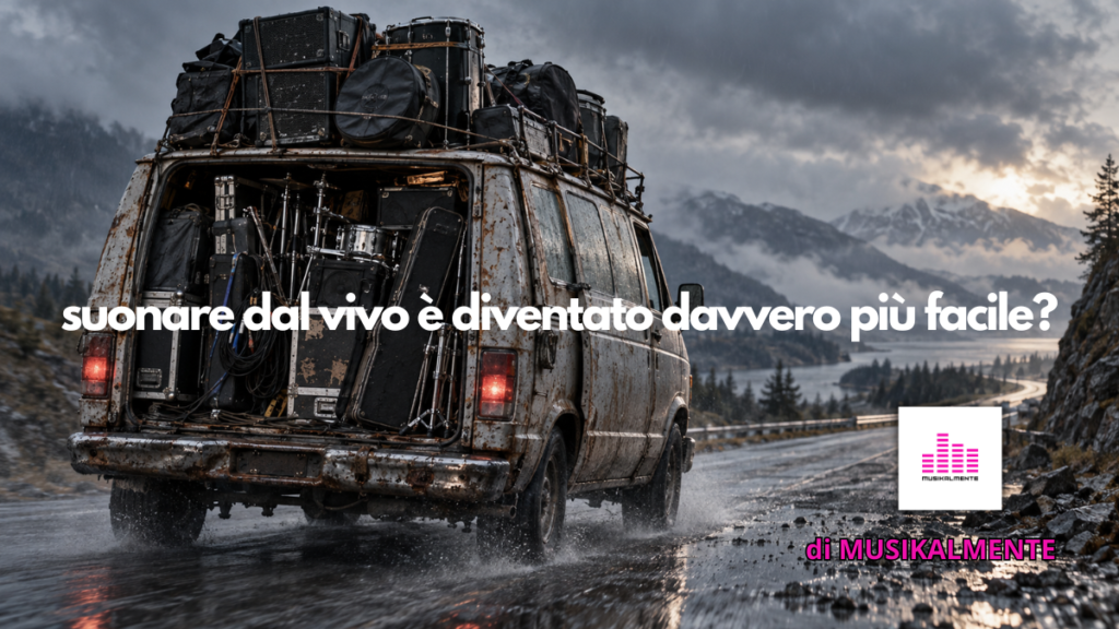 Furgone di una band emergente carico di strumenti e impianto audio in viaggio verso un concerto